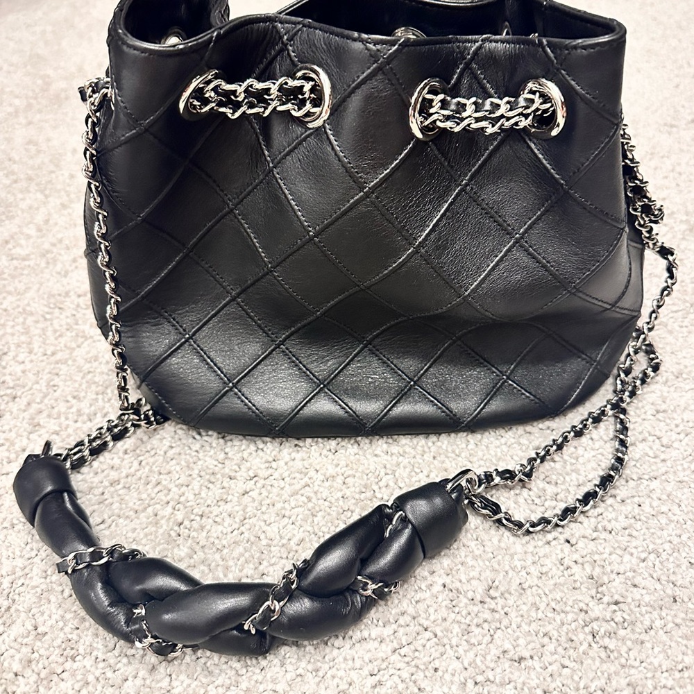 Black mini bucket bag with chain strap